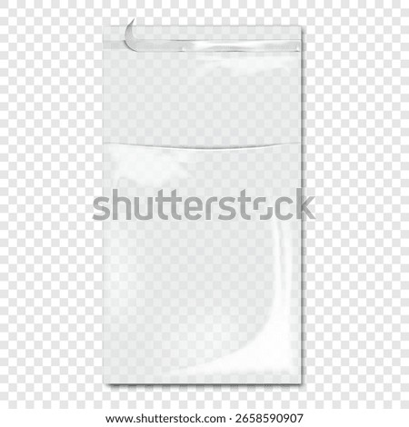 Open fold top self adhesive sealing clear plastic poly bag. Realistic vector mockup. Blank empty cellophane pouch. 3d mock-up. Transparent package. Template for design