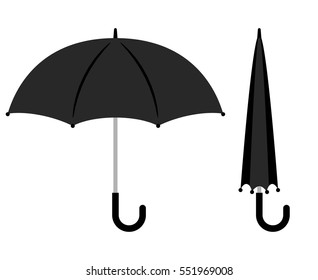 Open And Folded Black Umbrella Icons On White Background. Vector Illustration.