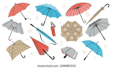 Open, folded, and closed umbrellas. Vector illustrations set. Various positions. Parasols for rainy weather. Rain protection accessories.