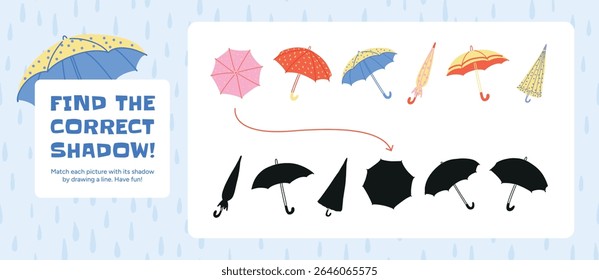 Open and folded Colorful Umbrellas with patterns and curved handles. Shadow matching puzzle for kids. Educational game to find correct silhouette. Flat vector illustration for children.