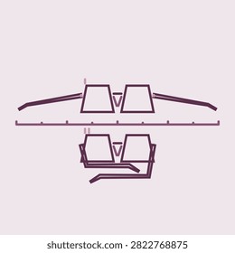 Open and folded frame laid out as a fold plate: the same frame twice, arms open above and arms folded below, split by a graduated rule, drawn in plum colours as even weight geometric line work for optical retail, eye care and fashion layouts.