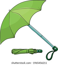 Open and folded green folding umbrella on white background. Cartoon style vector illustration.