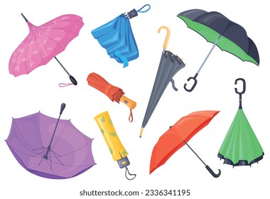 Open and folded umbrellas. Cartoon parasol and colorful waterproof umbrella, fabric umbel different seasons sun beach or rainy weather, fashion parasols neat vector illustration of umbrella fashion