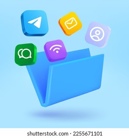 Open folder with apps icons. 3d vector illustration