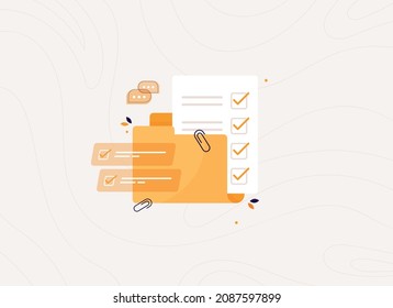 Open folder with completed task list. Business document for work or exam. Paper with check mark. Page of work performed, preparation of the questionnaire, filling out documents. Flat design