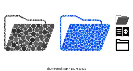 Open folder composition of round dots in variable sizes and color tones, based on open folder icon. Vector round dots are organized into blue composition.