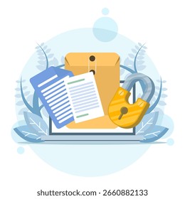 Abrir conceito de pasta, Pasta com documentos, Proteção de documento, Ilustração de um envelope marrom com um documento interno. Ilustração de vetor de ícone de design plano.