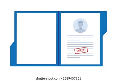 Open folder with Dismissal document, dismissed stamp. Getting fired. CV resume, personal data. Unemployment dismissal of workers. Layoff, crisis, employee job reduction.