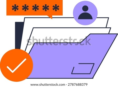 An open folder with documents features a password field a user icon and a checkmark. This graphic represents secure information management and authorized access to sensitive digital files.