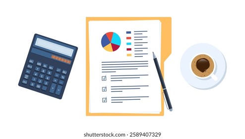 Open folder and documents, statistical data with charts, diagrams. Coffee and calculator. Workplace documents for financial statistics, reporting, strategy development.