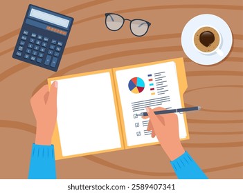 Open folder and documents, statistical data with charts, diagrams. Human hands with pen. Coffee and calculator. Workplace documents for financial statistics, reporting, strategy development.