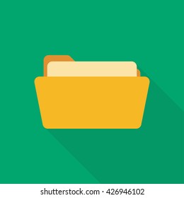 Open folder. Folder with documents. Yellow folder isolated on green background. Icon with long shadow