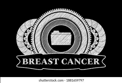 open folder icon and Breast Cancer text chalk blackboard realistic badge. Chalkboard exquisite background. Intense illustration. 