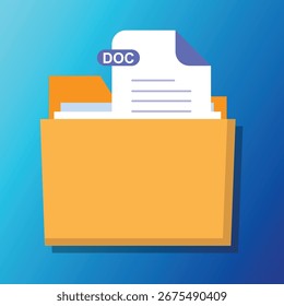 Open folder icon with DOC file inside. Folder with documents on a blue background. Flat design. Vector illustration.