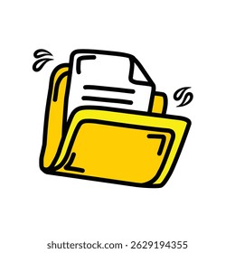 open folder icon. Folder with documents on white background with hand drawn doodle cartoon line art style