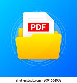 Open folder icon with PDF file inside. Folder with documents on a blue background. Flat design. Vector illustration.