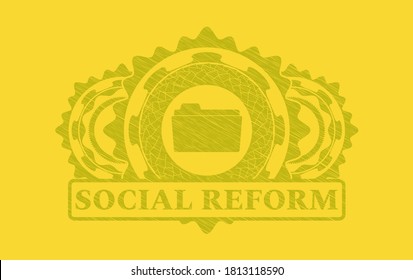 icono de carpeta abierta y texto de reforma social Insignia realista de la carrera amarilla. Fondo limonero apuesto. Ilustración vectorial. 