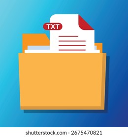 Icono de carpeta abierta con el archivo TXT dentro. Carpeta con documentos sobre un fondo azul. Diseño plano. Ilustración vectorial.