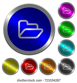 Open folder icons on round luminous coin-like color steel buttons