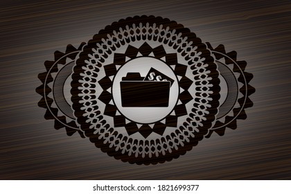 open folder with money document icon inside dark wooden badge. Brown graceful background. Intense illustration. 