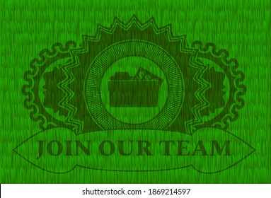 open folder with money document icon and Join Our Team text green grama grass badge. Eco chic background. Vector illustration. 
