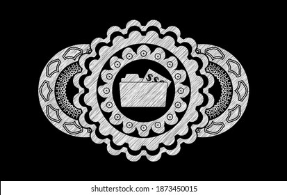 open folder with money document icon inside chalk badge. Chalkboard fancy background. Vector illustration. 