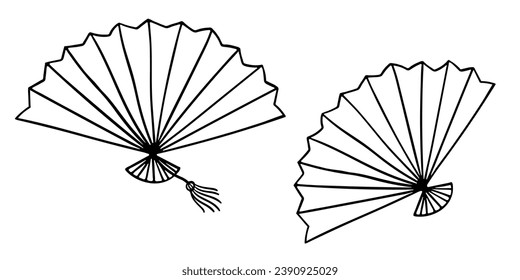 Open folding hand fan with tassel isolated on white. Black line drawing sketch in doodle style. Vector picture for women's accessories or asian tradition illustration, oriental design, print.