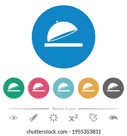 Abrir la bandeja de alimentos con iconos blancos planos sobre fondo de color redondo. 6 iconos de bonificación incluidos.