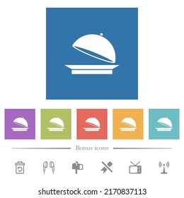 Open food tray flat white icons in square backgrounds. 6 bonus icons included.