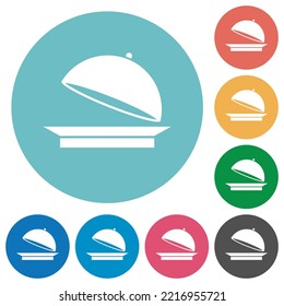 Open food tray flat white icons on round color backgrounds