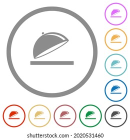 Abrir bandeja de alimentos con iconos de color plano brillante en contornos redondos sobre fondo blanco