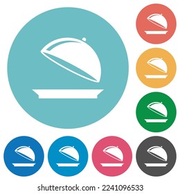 Abrir la bandeja de alimentos con iconos blancos planos brillantes en fondo de color redondo