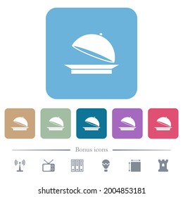 Open food tray white flat icons on color rounded square backgrounds. 6 bonus icons included