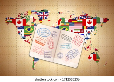 Open foreign passport with international visa stamps on ancient world map with flags on old textured paper