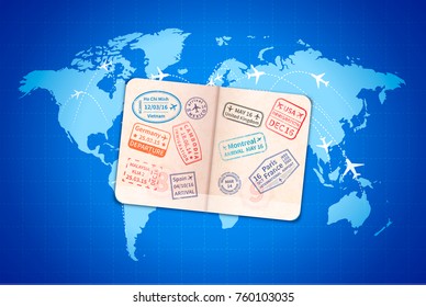 Open foreign passport with international visa stamps on blue modern world map with airline routes