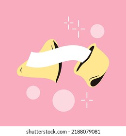 Open fortune cookies. A sheet of fun surprising predictions. Traditional Chinese flowerless wisdom cookies. Lottery with a surprise in a crunchy dessert. Isolated vector illustration retro style 60s