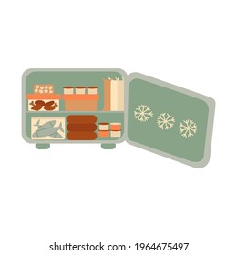 Open freezer with food on the shelves. Colorful vector isolated illustration hand drawn. Refrigerator. Storing frozen food and drinks