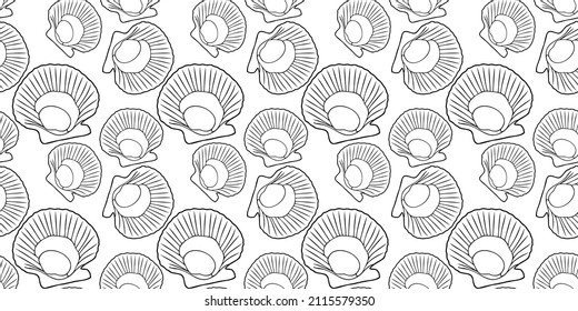 Abre vieira fresca en un patrón sin fisuras. Estilo dibujado a mano o garabato. Ilustración vectorial plana