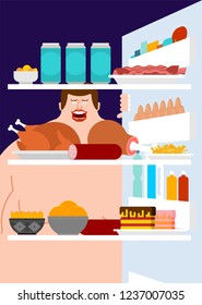Open fridge and fat man Inside view. lot of food. Refrigerator for glutton