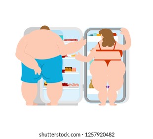 Open Fridge And Fat Married Couple. Lot Of Food. Refrigerator For Glutton