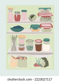 Open fridge with food in reuse box. Eco friendly lifestyle vector illustration