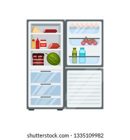 Open fridge full of food. Tasty cake, fresh watermelon, bottles with sauces, cheese and sausages. Flat vector