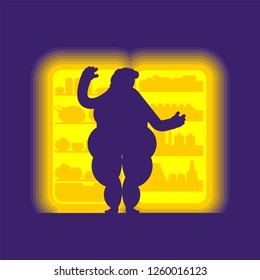 Open fridge night and fat woman. Food silhouette. Refrigerator for glutton
