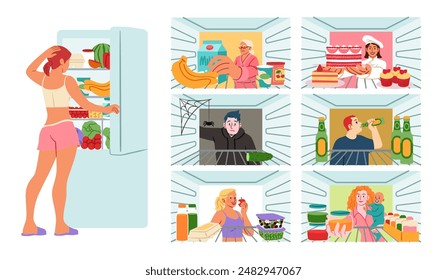 Abran el refrigerador. Vista interior del refrigerador. Personas mirando la comida en los estantes. Almacén de cocina. Gula de medianoche. Mujer joven que elige bocadillos. Estante vacío. Hombre hambriento. Alimentación saludable. Set de congeladores de Vector