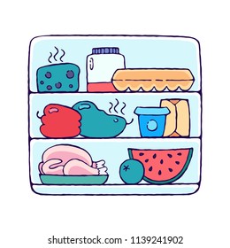 Open fridge shelves with expired rotten food. Poor planning and storing. Vector illustration. Doodle concept design.