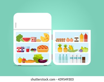 open fridge white flat design with vegetables and fruits