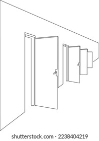 Open front door. Entrance to a room or office. Continuous line drawing. Vector illustration.