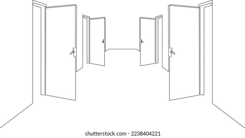 Open front door. Entrance to a room or office. Continuous line drawing. Vector illustration.