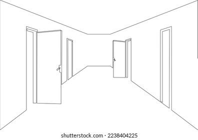 Abre la puerta delantera. Entrada a una habitación o oficina. Dibujo continuo de líneas. Ilustración vectorial.