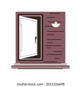 open front door with lamp